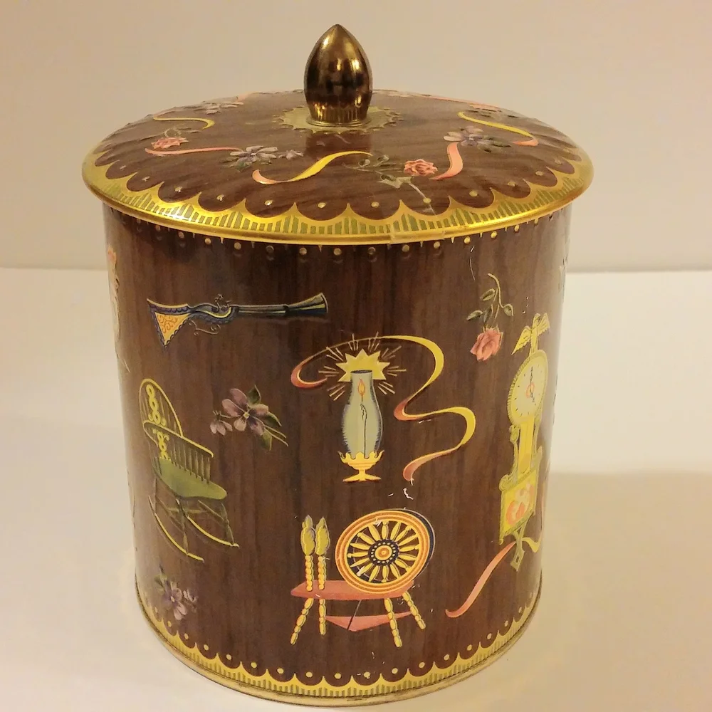 Vintage Decorative Cookie Tin with Brown and Gold Accents